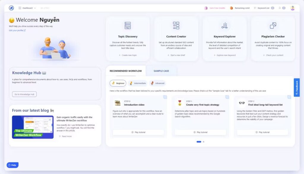 WriterZen's dashboard comes with options ranging from topic discovery to keyword finders 