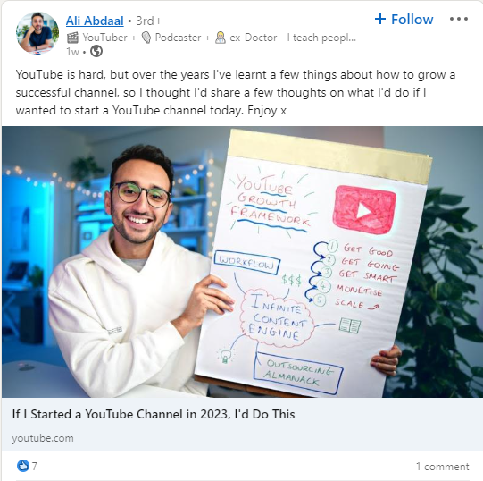 Screenshot of a post from Ali Abdaal's Linkedin profile