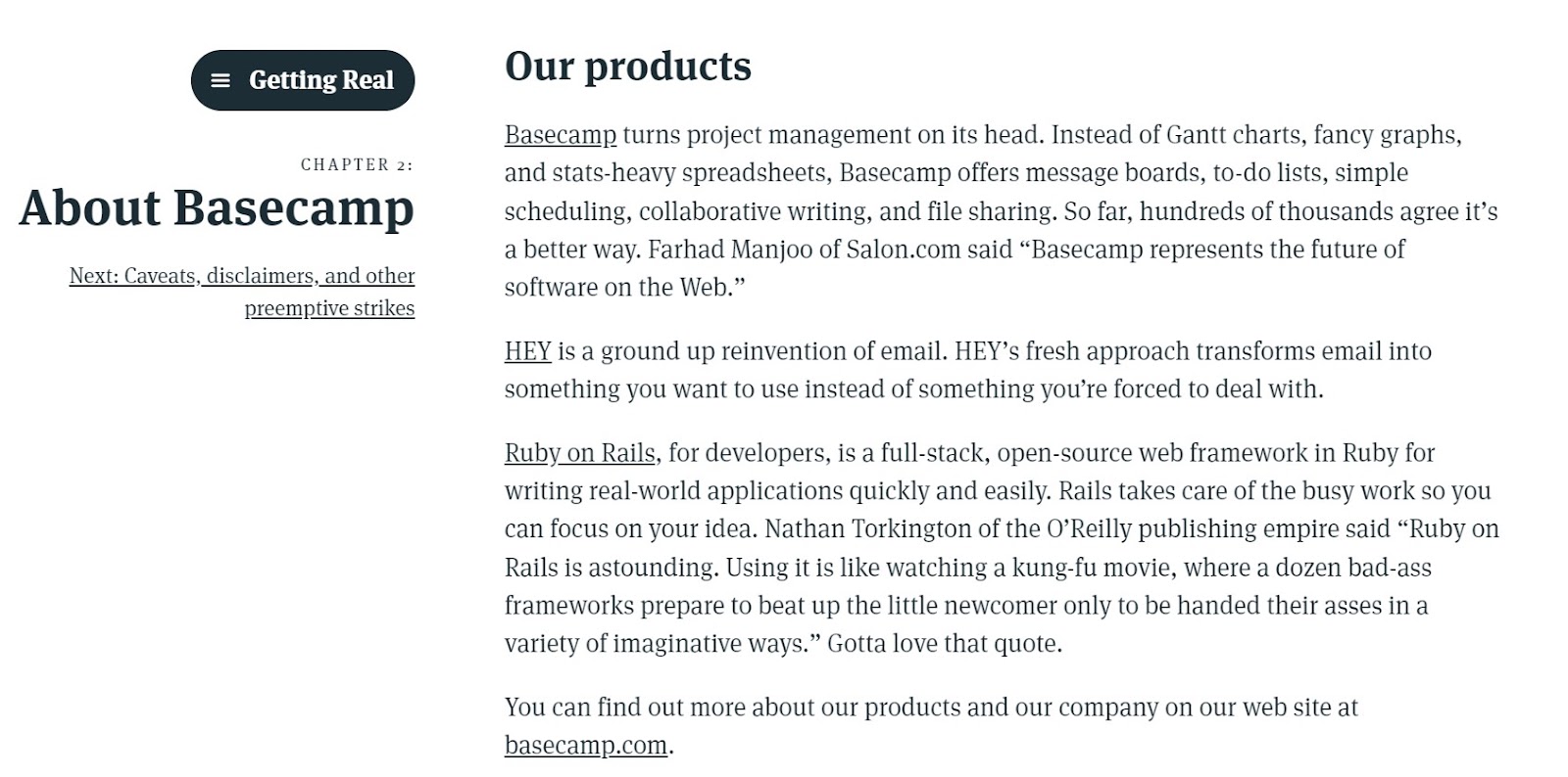 Basecamp's product descriptions revealing what their project management tool offers their ICP