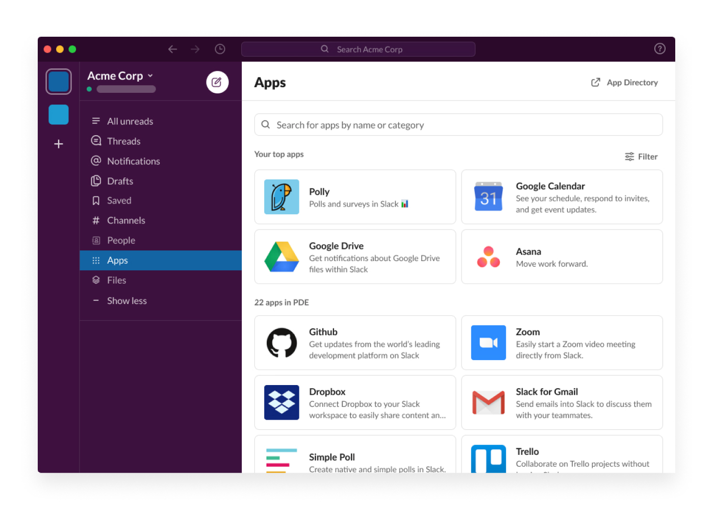 Slack allows users to communicate in a workspace and collaborate on files, kanban boards, and more