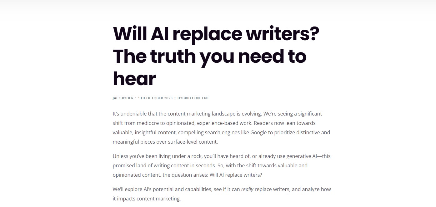 A screenshot of Wordbrew's blog article on "Will AI replace writers?"