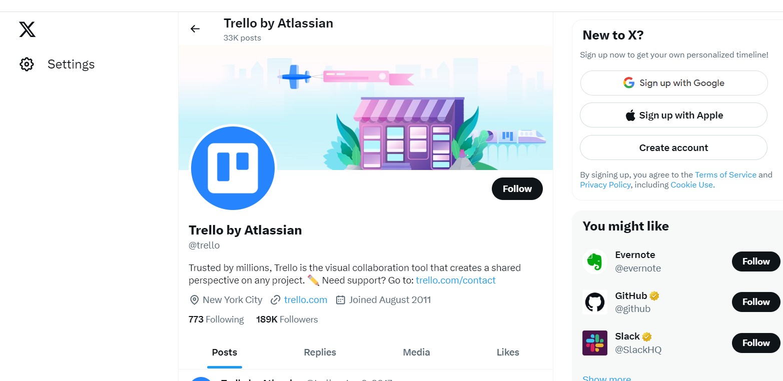 Trello's X account followed by nearly 200k people