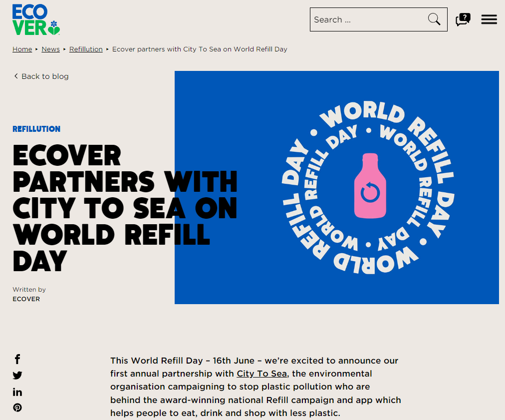 Sustainability organization ECOVER posting on their blog about their partnership activities with City To Sea