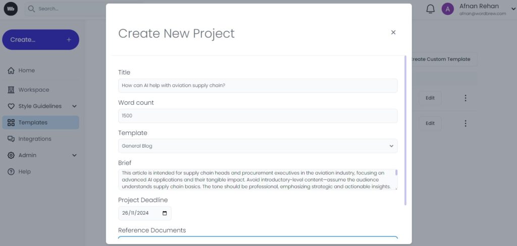 A screenshot of Wordbrew's "Create New Project" screen where users are asked to choose a template, set deadlines, and add a few basic details to get a comprehensive brief.  