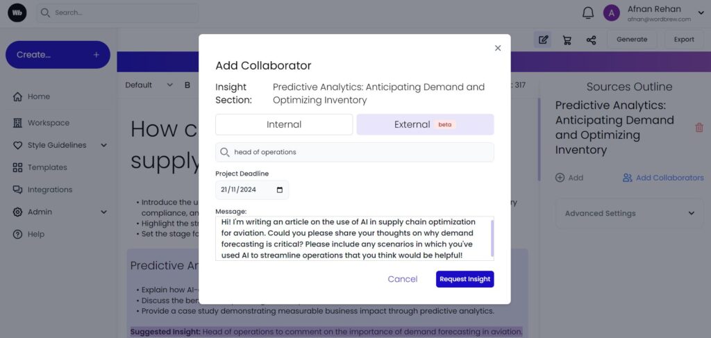 A screenshot of Wordbrew's platform showing how insights can be requested from both internal and external experts to humanize content. 